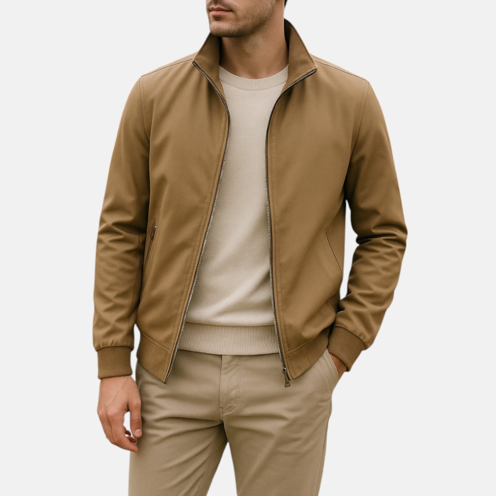 Men's khaki windbreaker jacket with full zip and stand collar; ribbed sleeve cuffs.