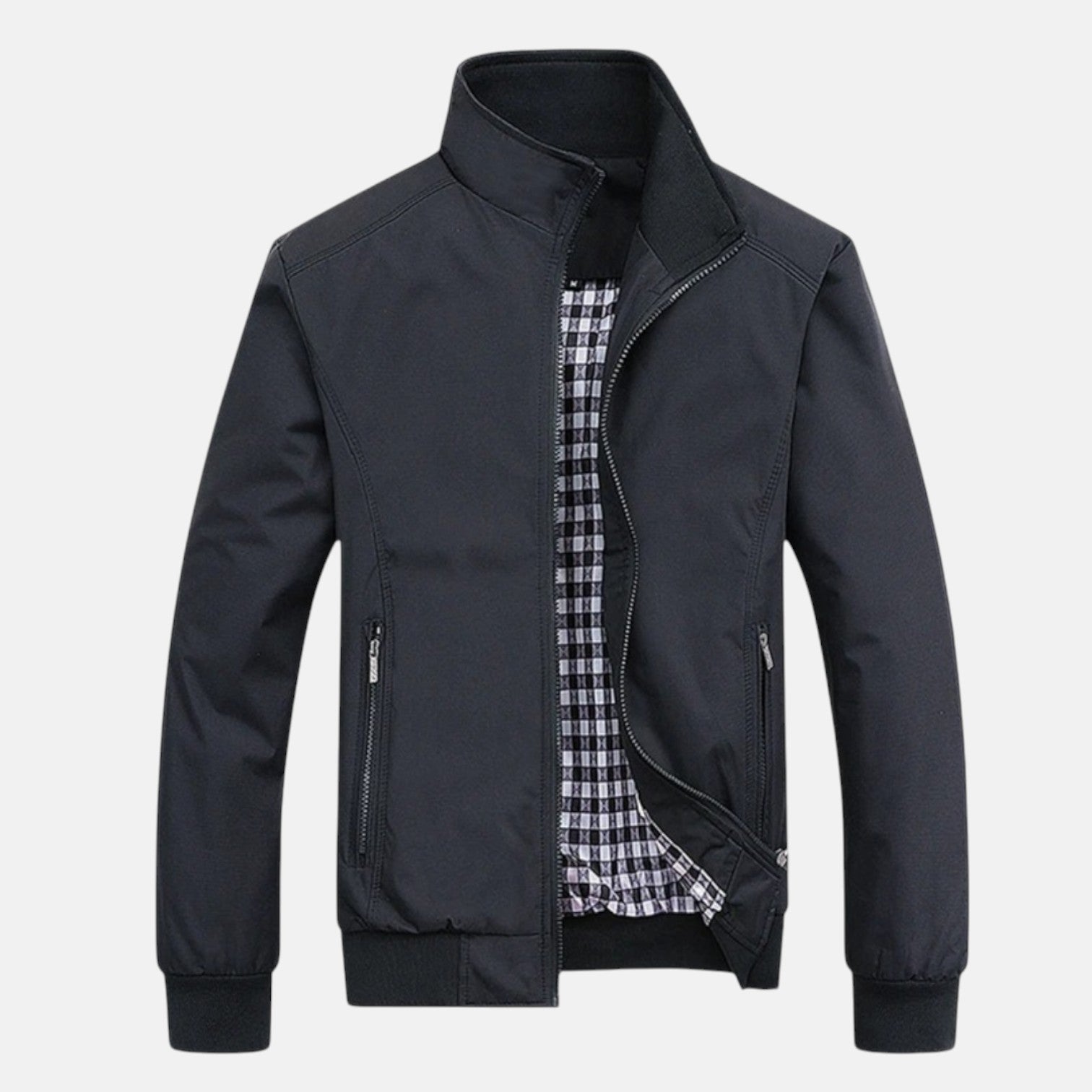 Men's dark windbreaker jacket with full zip, stand collar, and two front zip pockets.