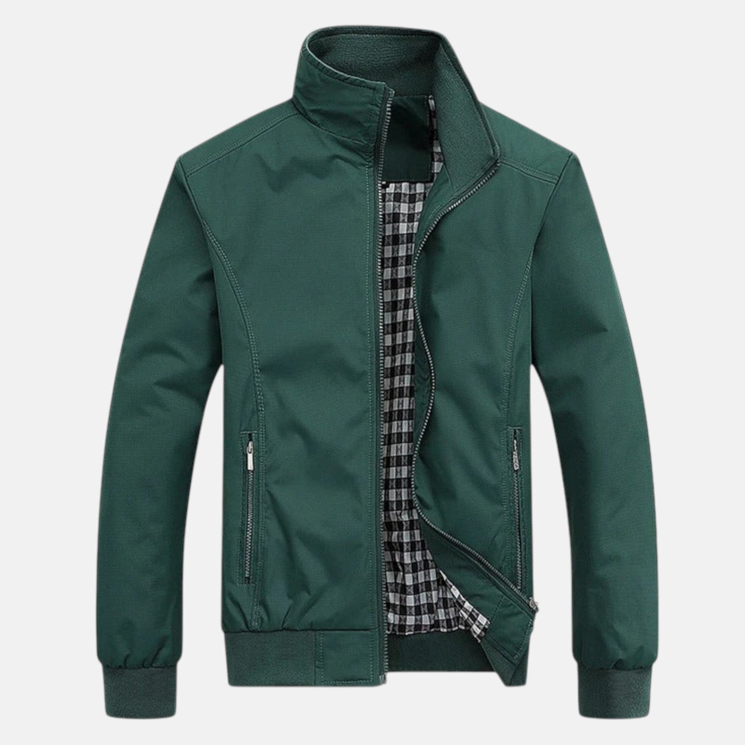 Men's dark green windbreaker jacket with full zip, stand collar, and zip front pockets.