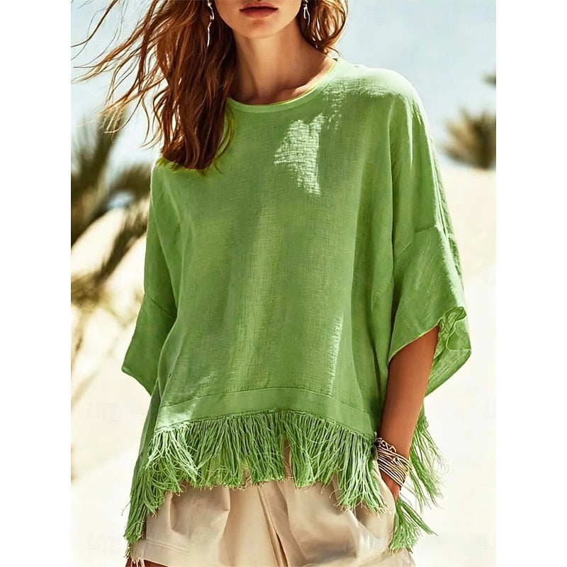 Relaxed fringe-hem blouse, loose fit, green with tassel edging at the hem