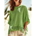 Relaxed fringe-hem blouse, loose fit, green with tassel edging at the hem