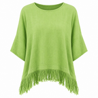 Green crew-neck blouse with short wide sleeves and fringe bottom hem