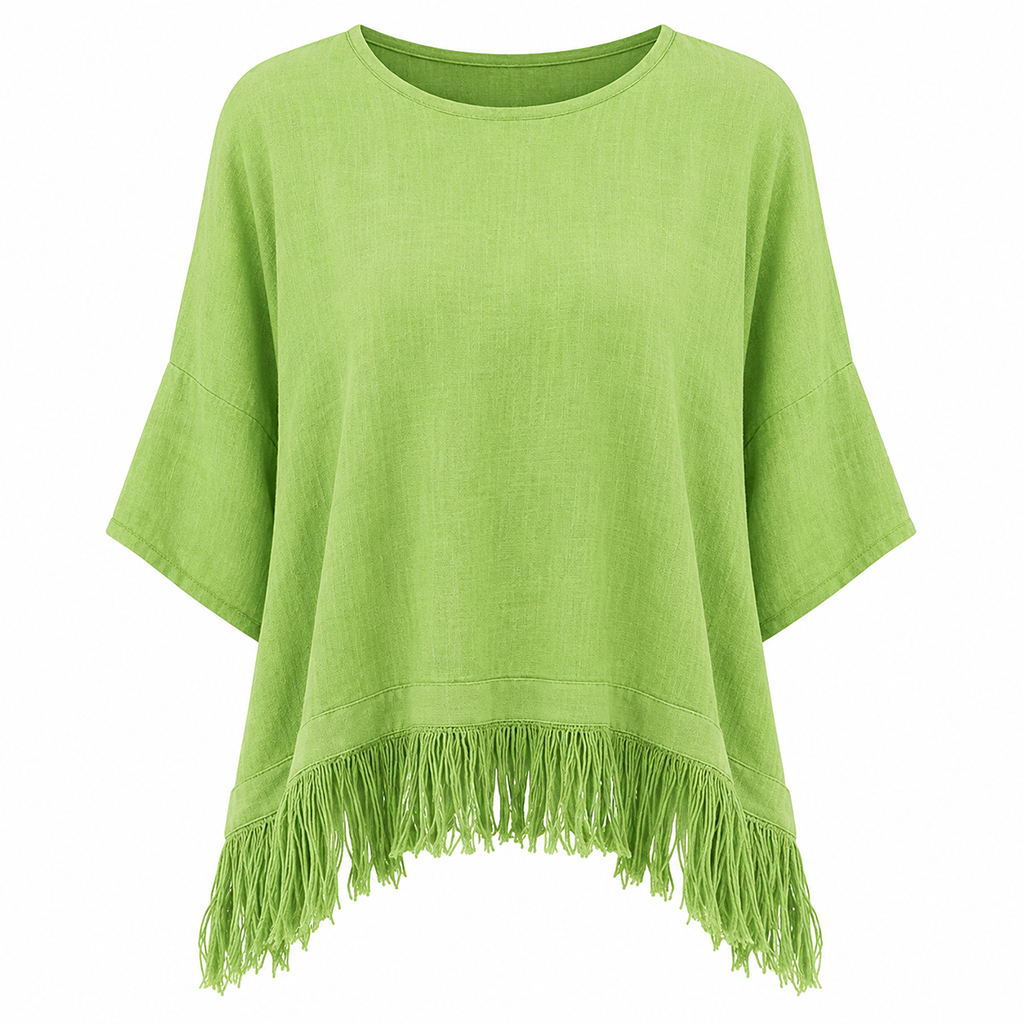 Green crew-neck blouse with short wide sleeves and fringe bottom hem