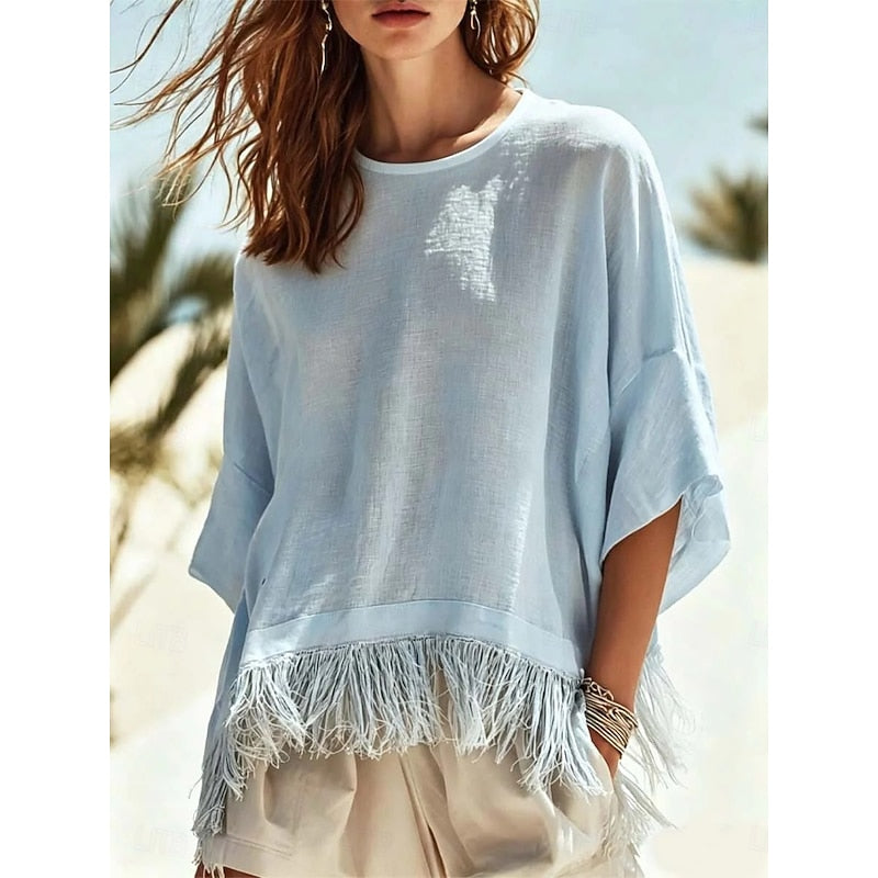 Relaxed fringe-hem blouse, loose fit, light blue with tassel edging at the hem