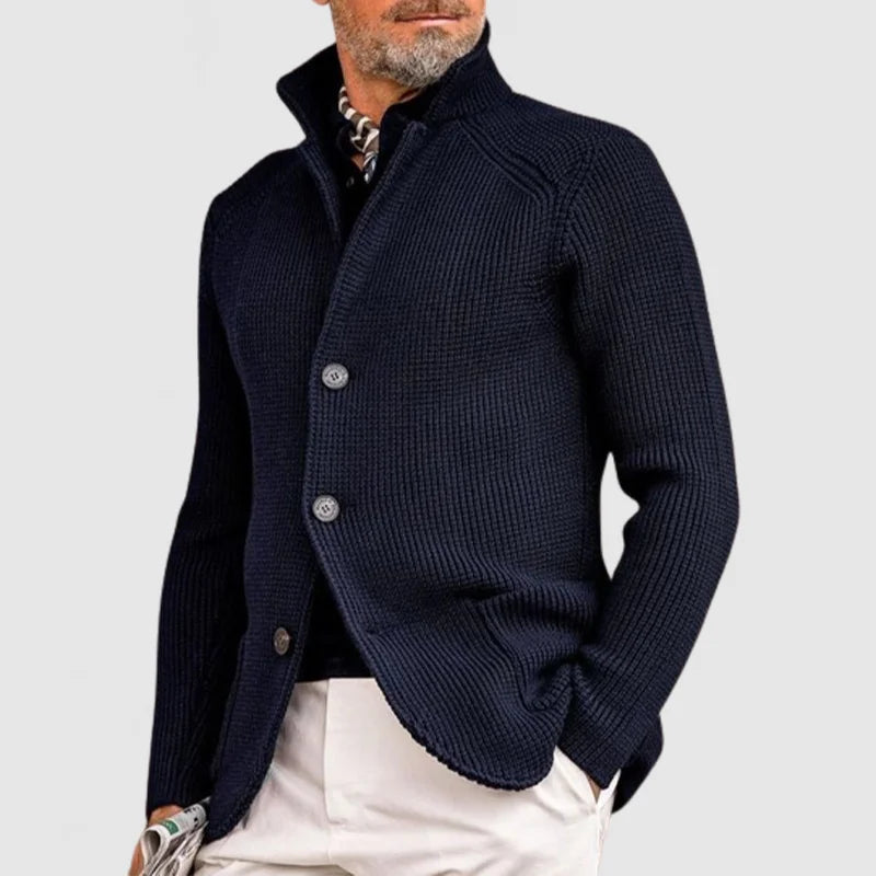 Marius™ elegant jacket in dark blue knit, button-front mock neck