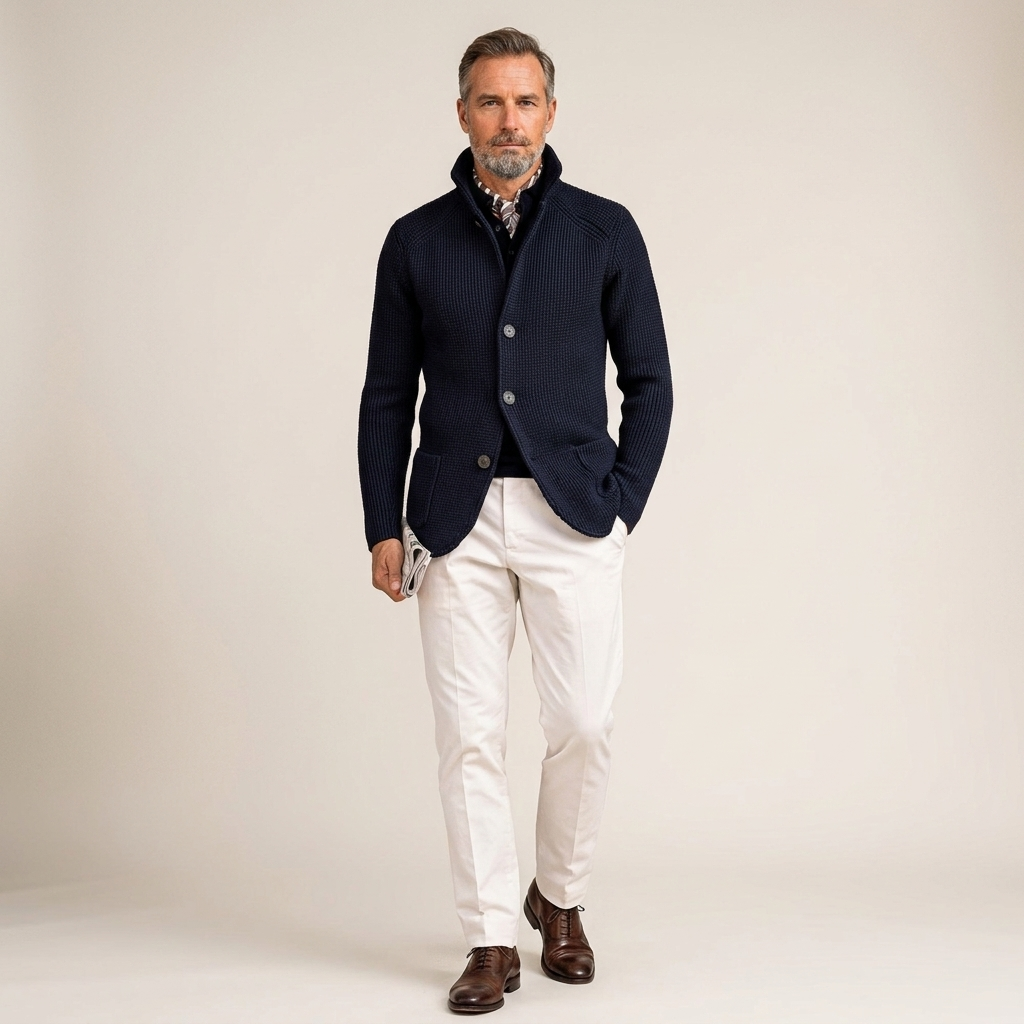 Men's tailored jacket, dark navy button-front with notch lapel and front pockets