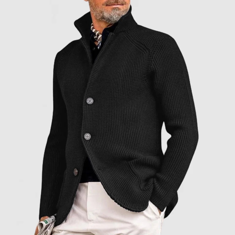 Marius™ elegant jacket in black knit, button-front mock neck