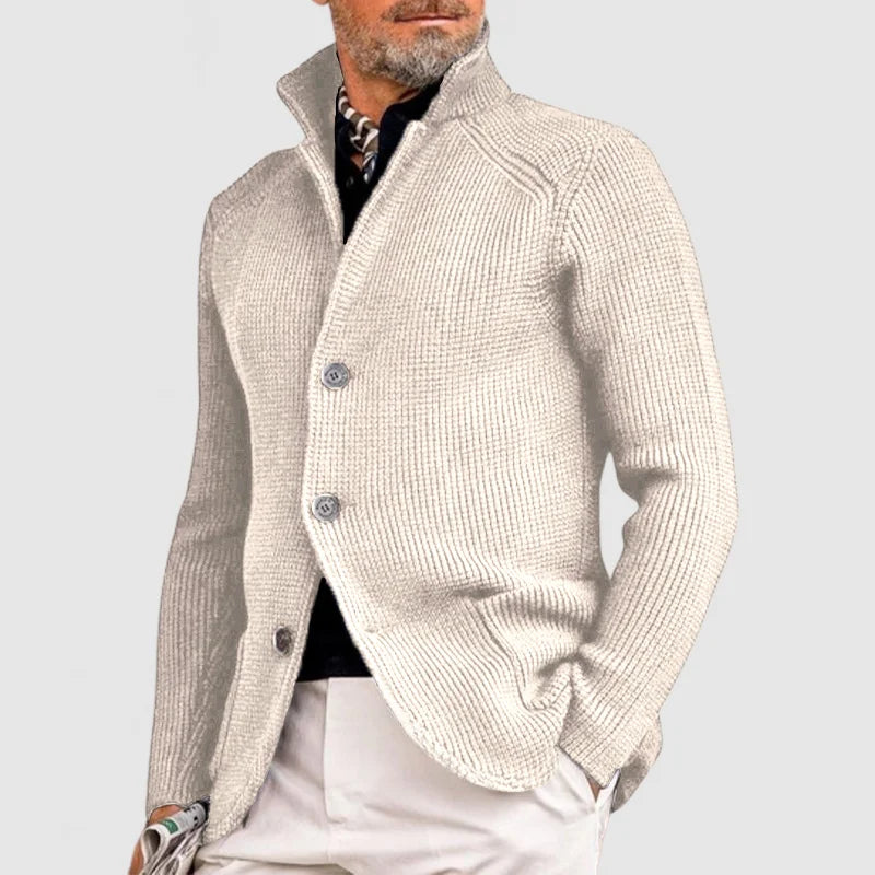 Marius™ elegant jacket in beige knit, button-front mock neck