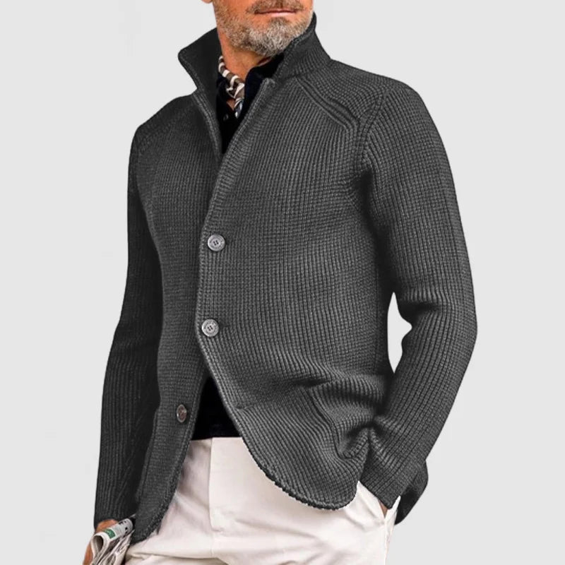 Marius™ elegant jacket in gray knit, button-front mock neck