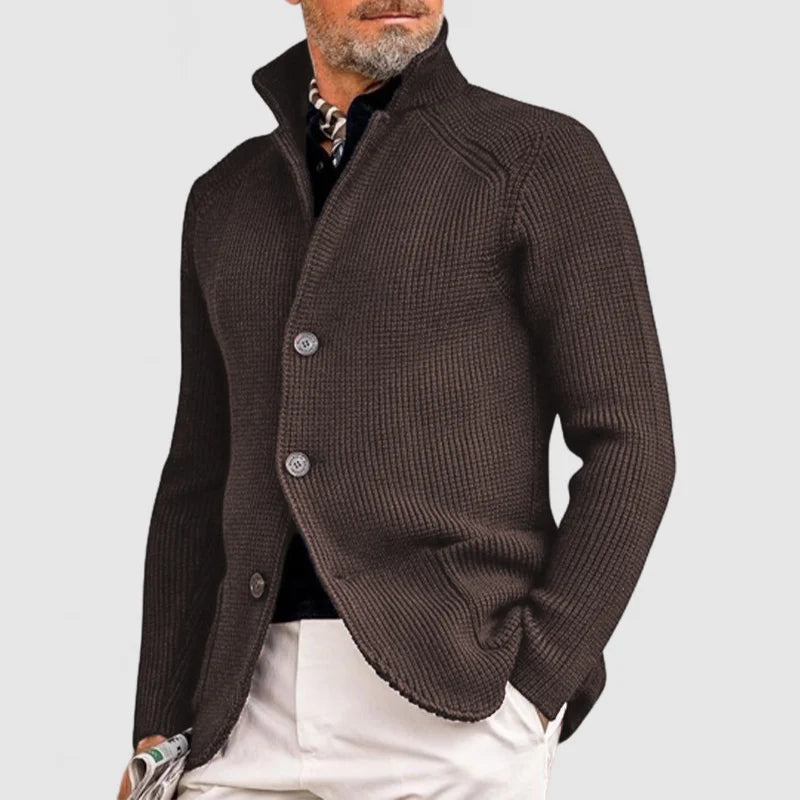 Marius™ elegant jacket in brown knit, button-front mock neck