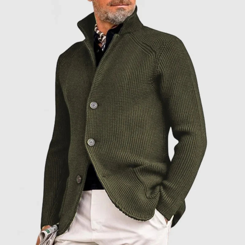 Marius™ elegant jacket in army green knit, button-front mock neck