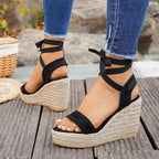 Black espadrille wedge sandals with ankle lace straps and platform sole, side view