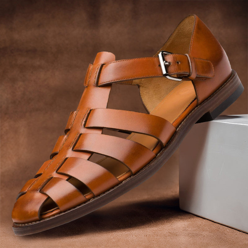 Women's brown Velcro strap sandals with three-bar cutout straps and ankle buckle