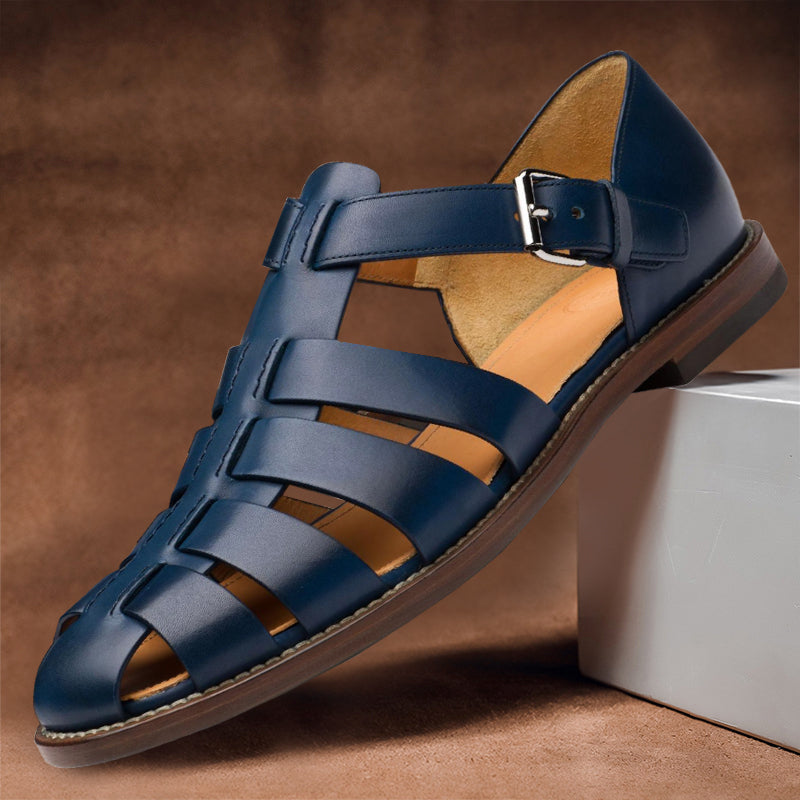 Women's dark blue Velcro strap sandals with ankle buckle and three-bar straps