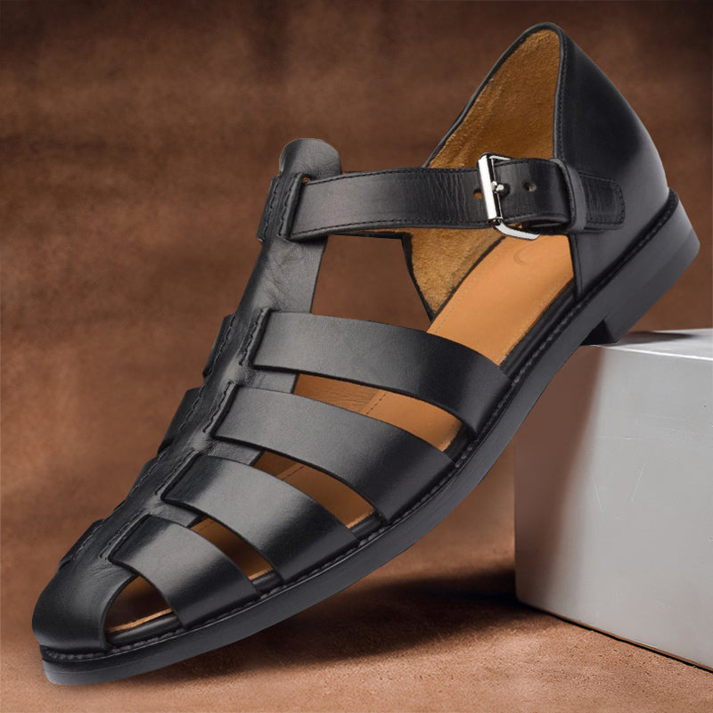 Women's black Velcro strap sandals with ankle buckle and three-bar cutout straps