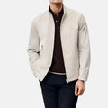 Beige men's casual jacket with stand-up collar and front zip, long sleeves.