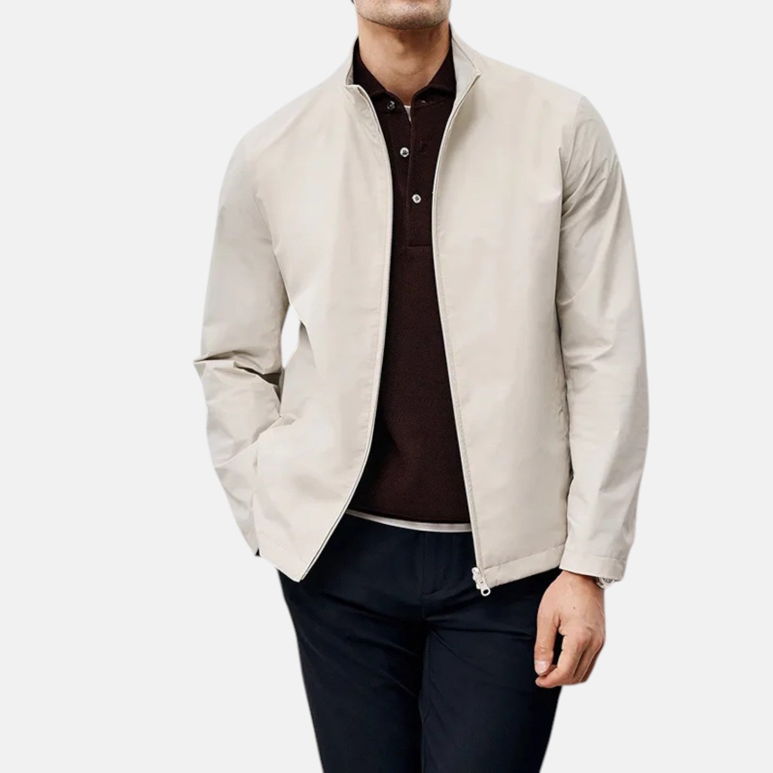 Beige men's casual jacket with stand-up collar and front zip, long sleeves.