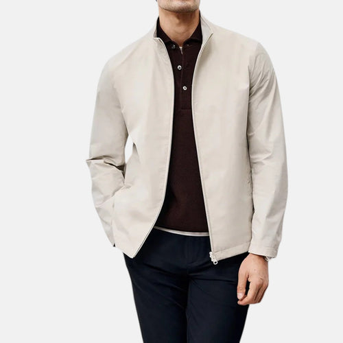 Beige men's casual jacket with stand-up collar and front zip, long sleeves.