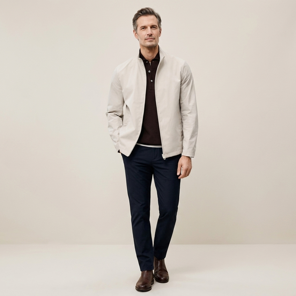 Men's beige casual jacket with stand-up collar and zip front, regular fit