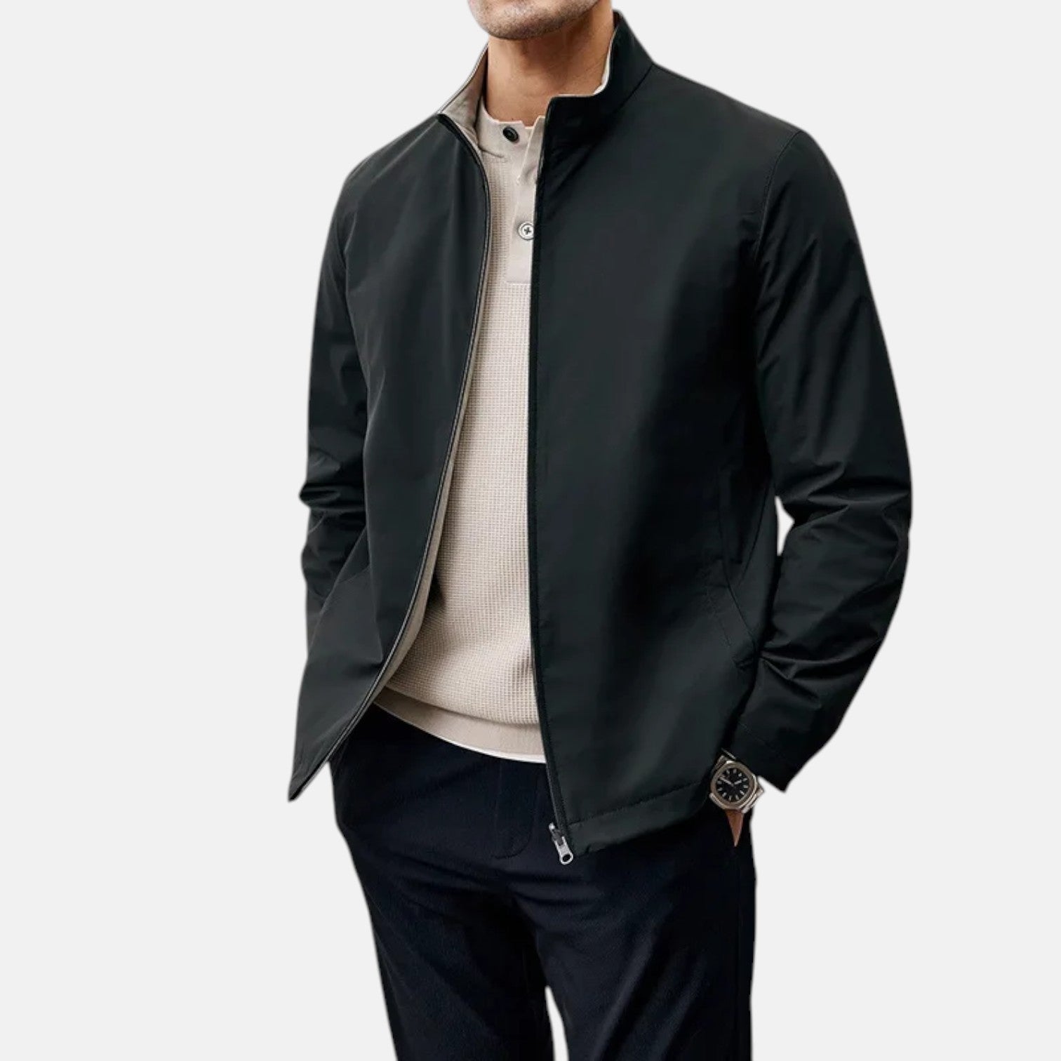 Black men's casual jacket with stand-up collar, front zip, and long sleeves.