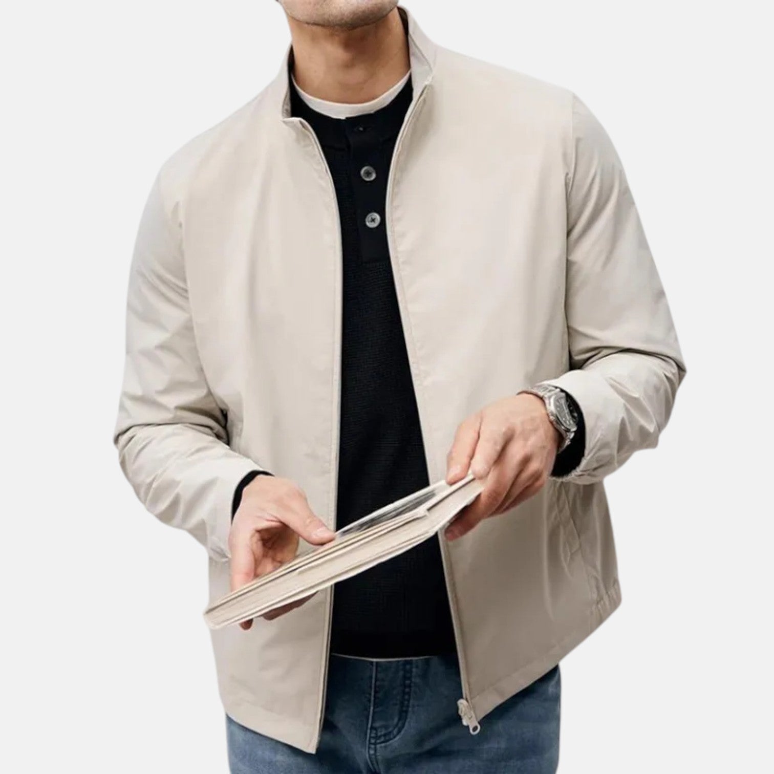 Beige men's casual jacket with stand-up collar and front zip, side view.