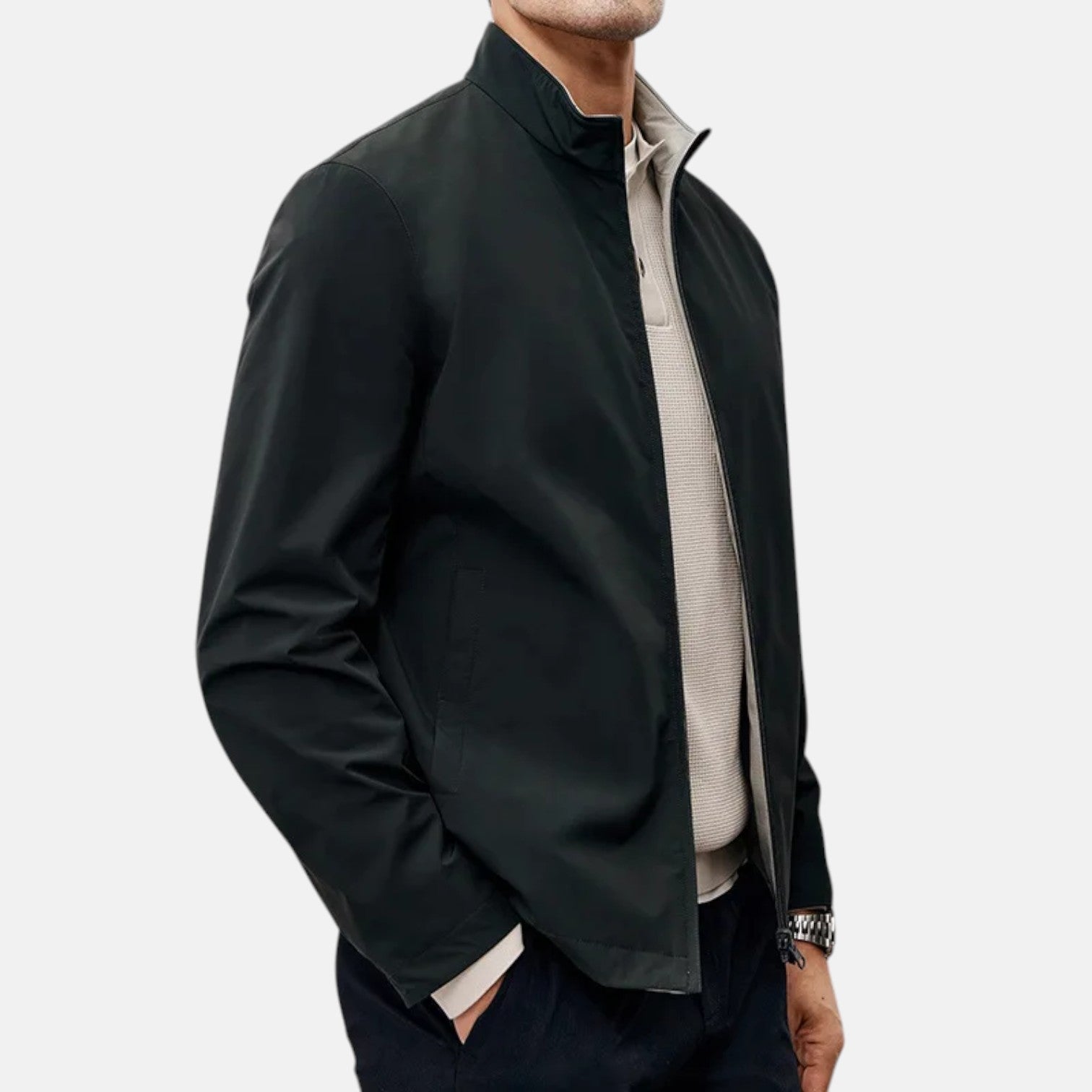 Black men's casual jacket with stand-up collar and visible front zipper detail.