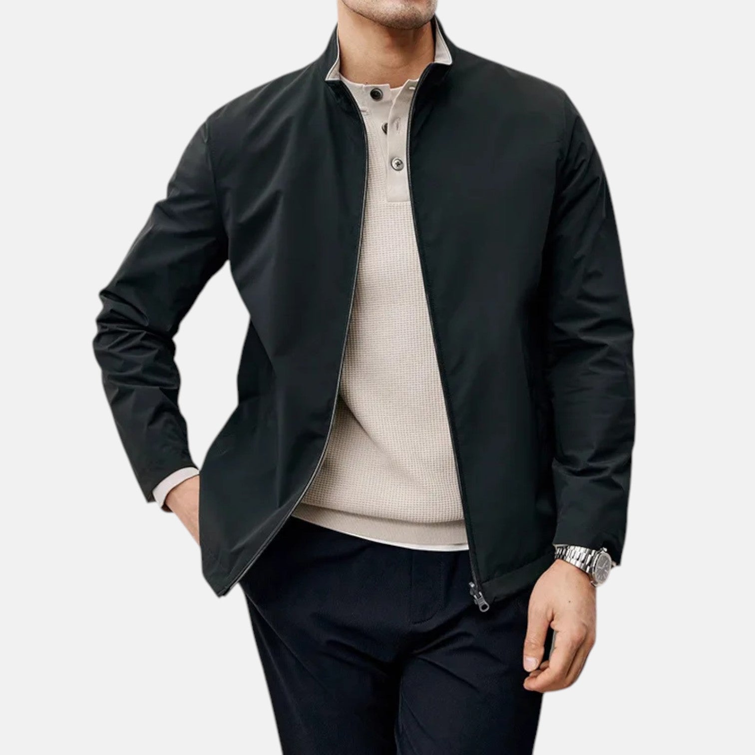 Black men's casual jacket with stand-up collar and front zipper closure.