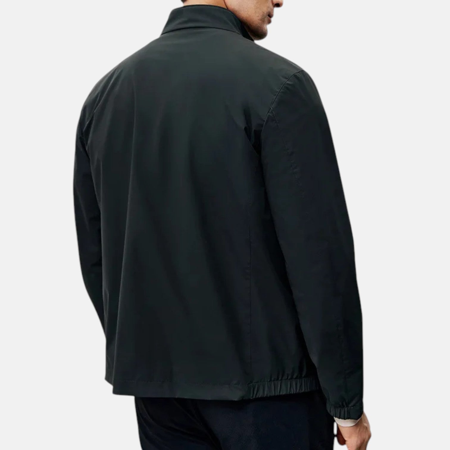 Dark green men's casual jacket with stand-up collar; back view, long sleeves.