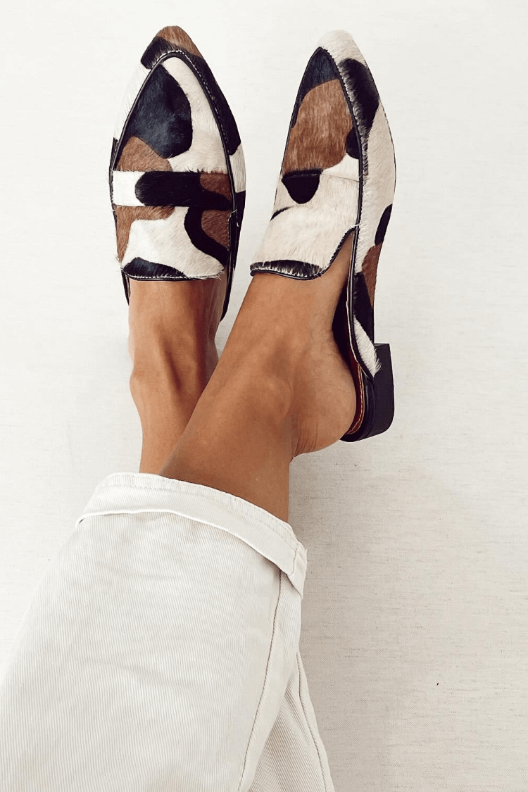 Women's animal print loafers, slip-on white with brown and black patches