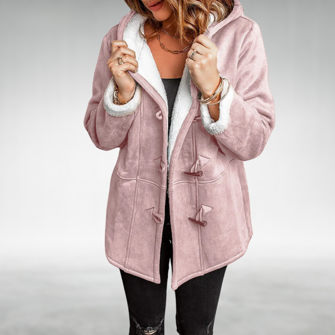 Pink fleece-lined winter coat with hood, fuzzy collar trim, and toggle front pockets