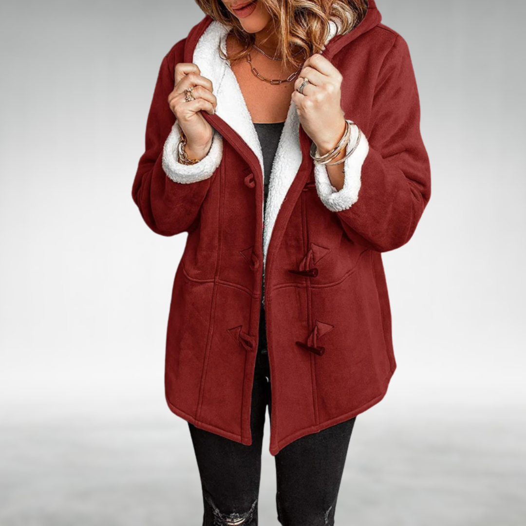 Burgundy fleece-lined winter coat with hood, fuzzy collar lining, and toggle front pockets