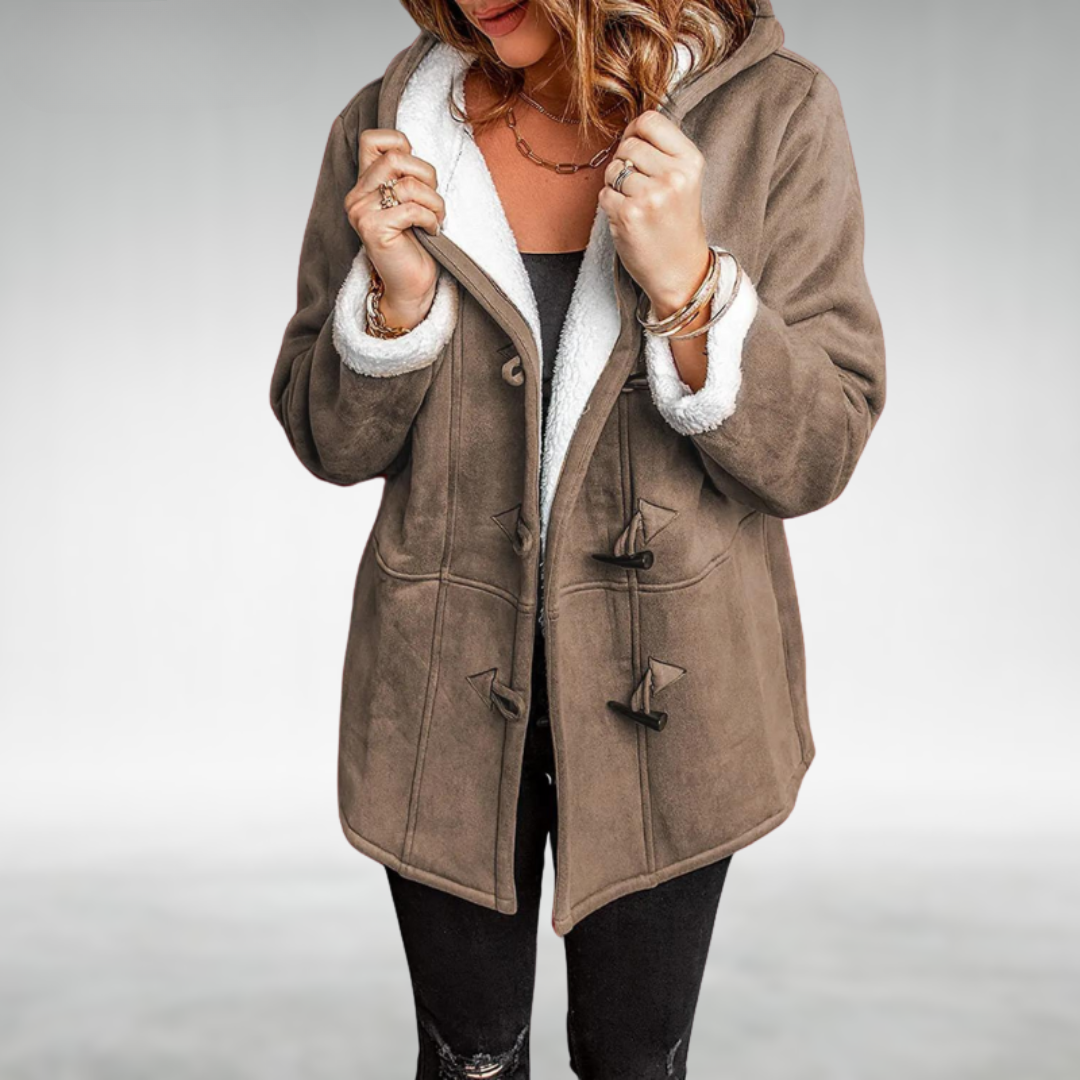 Brown fleece-lined winter coat with hood, fuzzy collar trim, and toggle front pockets