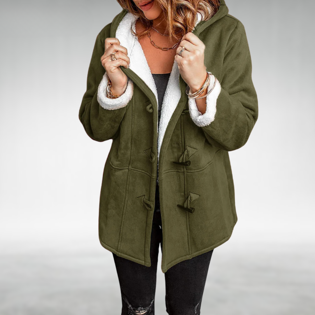 Green fleece-lined winter coat with hood, fuzzy collar lining, and toggle front pockets