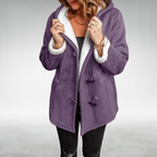 Purple fleece-lined winter coat with hood, fuzzy collar trim, and toggle front pockets