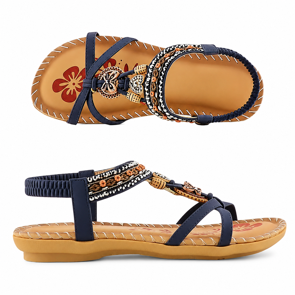 Women’s navy sandal with cushioned sole, ankle strap, and ornamental bead trim