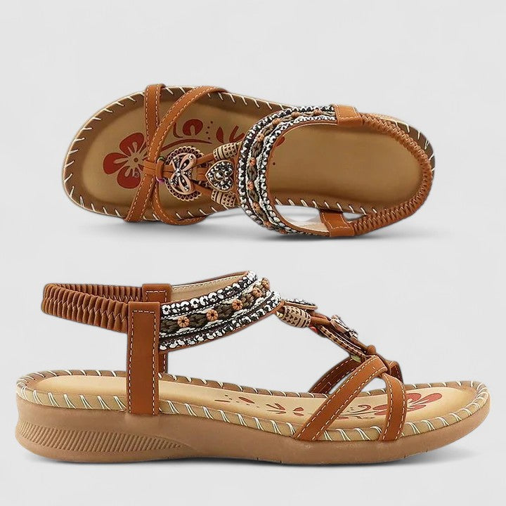 Orthopedic cushioned strap sandal in mahogany brown with decorative ankle strap