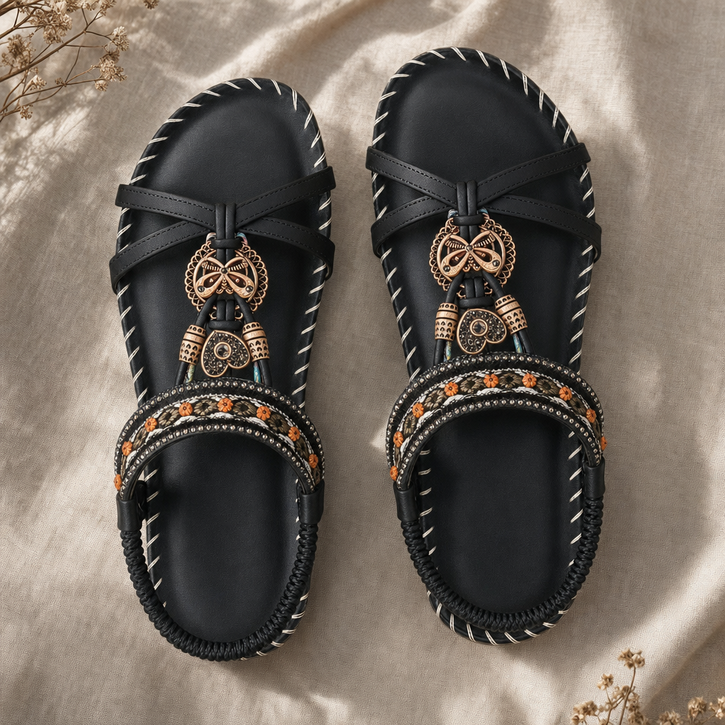 Black orthopedic cushioned strap sandals with ankle straps and ornate beaded charms, open toe