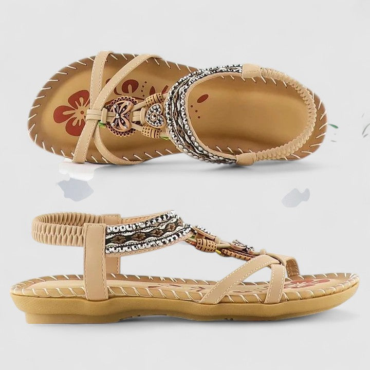 Beige orthopedic cushioned strap sandals with decorative trim and open toe, cushioned footbed