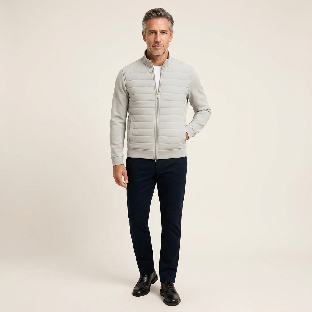 Light grey quilted front hybrid puffer jacket with full zip and stretch sleeves