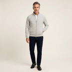Light grey quilted front hybrid puffer jacket with full zip and stretch sleeves