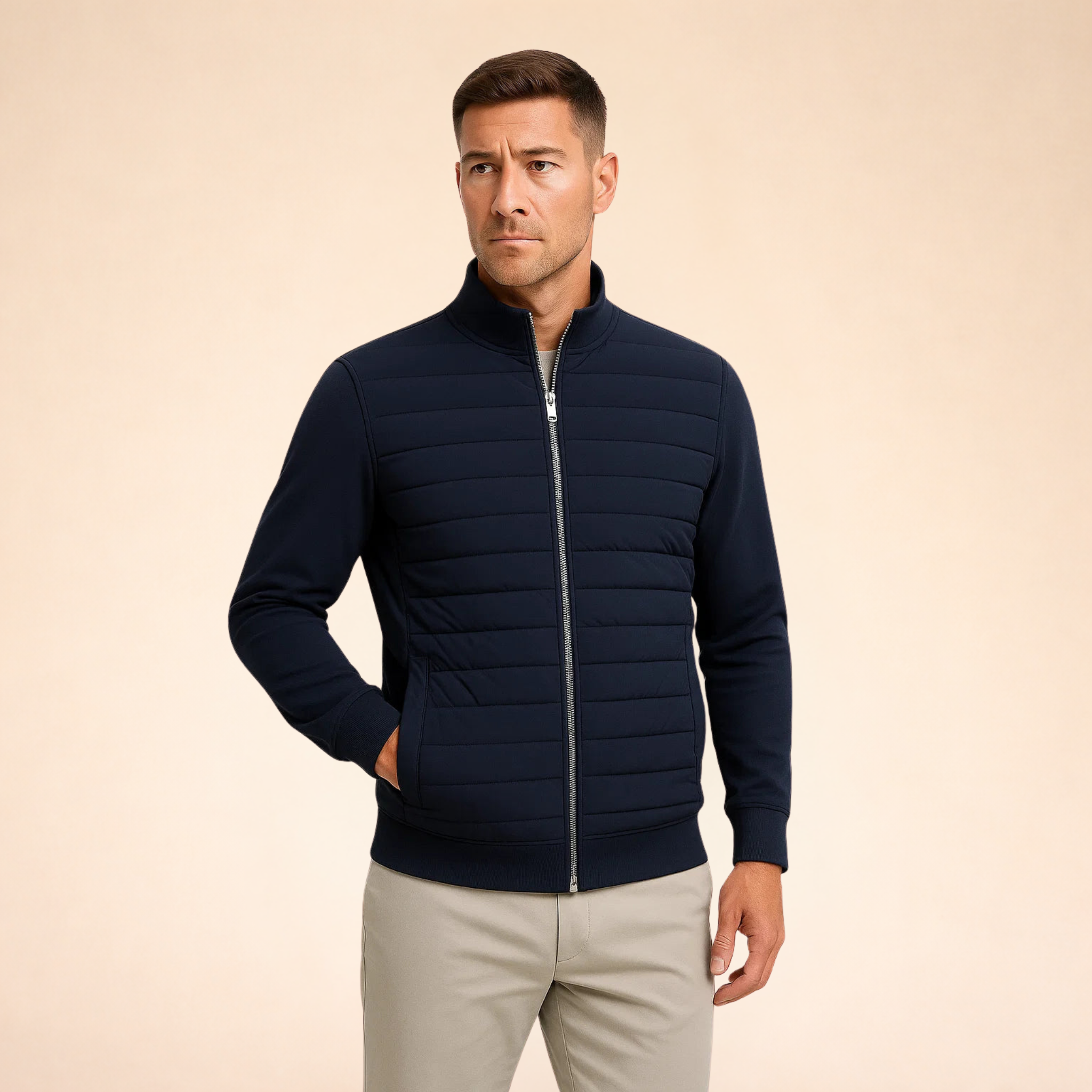 Men's navy hybrid puffer jacket with full-zip front and ribbed knit cuffs
