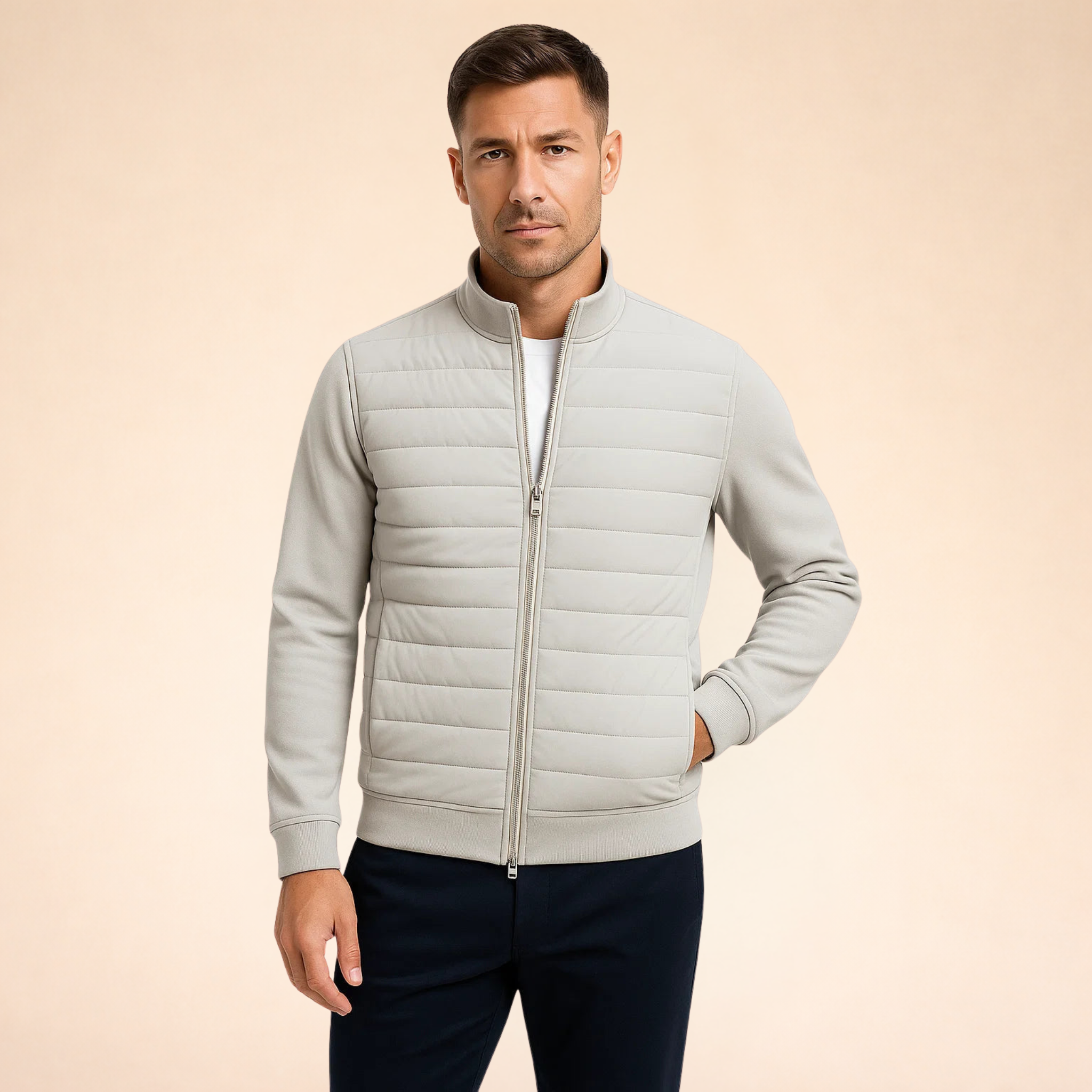 Men's light gray hybrid puffer jacket with full-zip front and ribbed cuffs