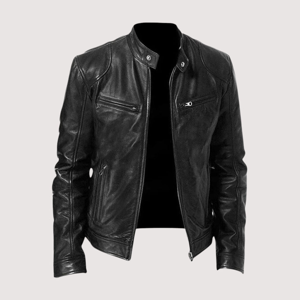Men's black leather jacket with front zipper, snap collar, and zip pockets