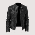 Men's black leather jacket with front zipper, snap collar, and zip pockets