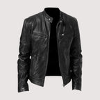 Men's black leather jacket with front zipper, snap collar, and zip pockets