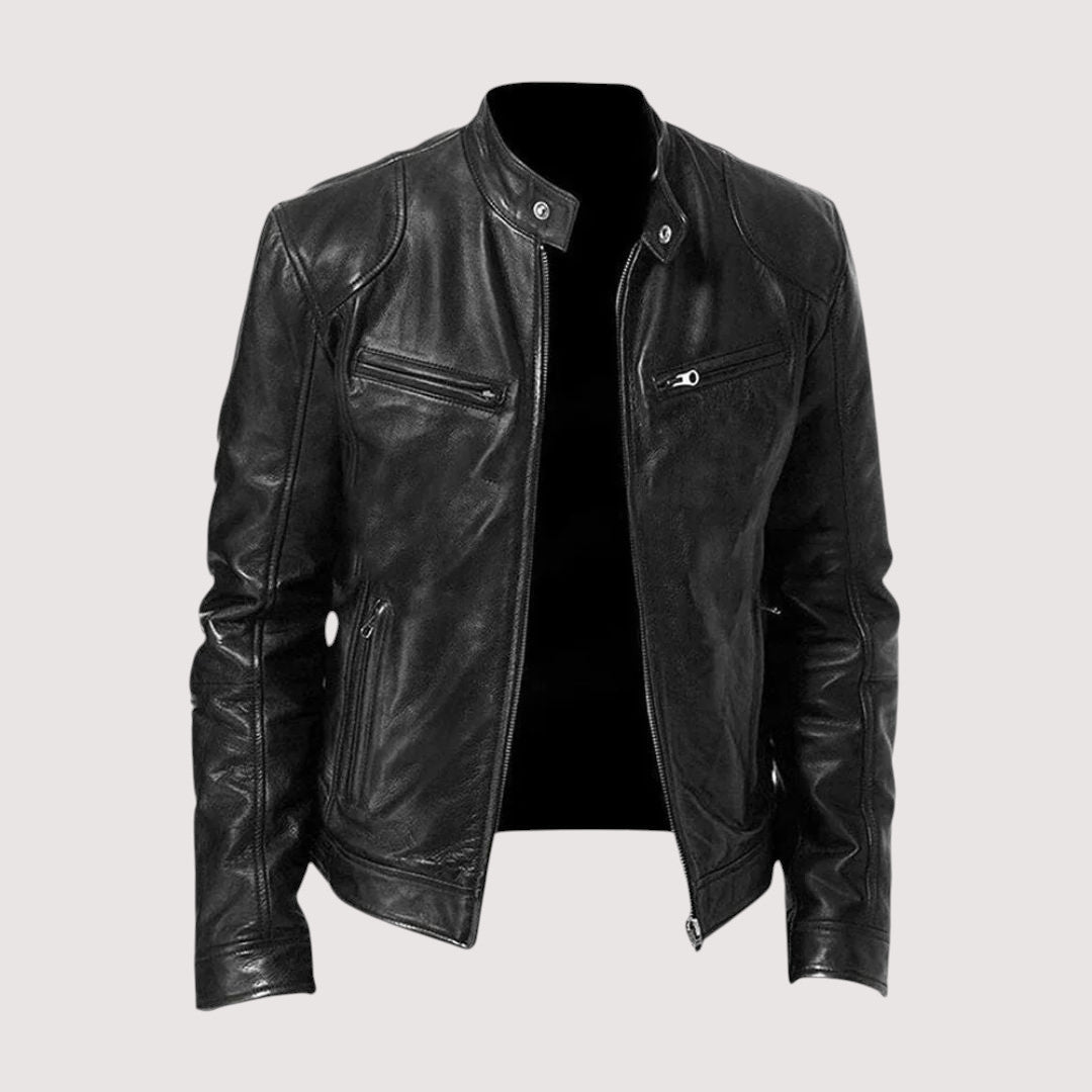 Men's black leather jacket with front zipper, snap collar, and zip pockets