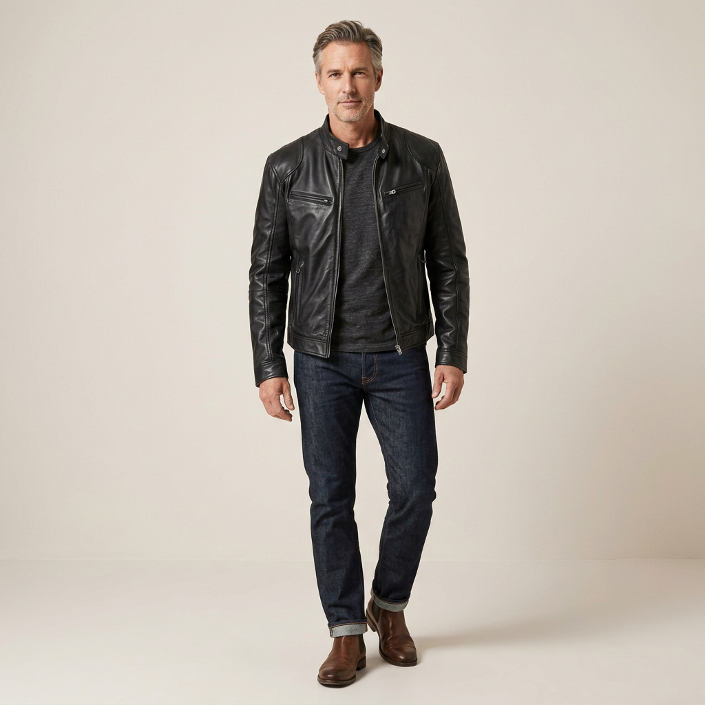 Men's genuine leather jacket with high collar, zip front, black, regular fit