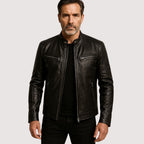 Men's black leather jacket with zip-front, stand collar, and zip chest pocket