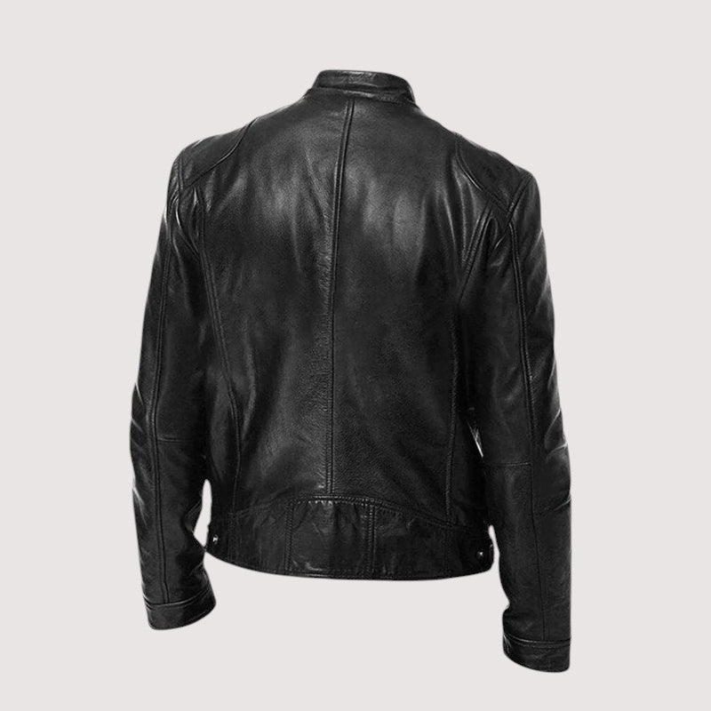 Men's black leather jacket back view with center seam and banded hem