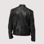 Men's black leather jacket back view with center seam and banded hem
